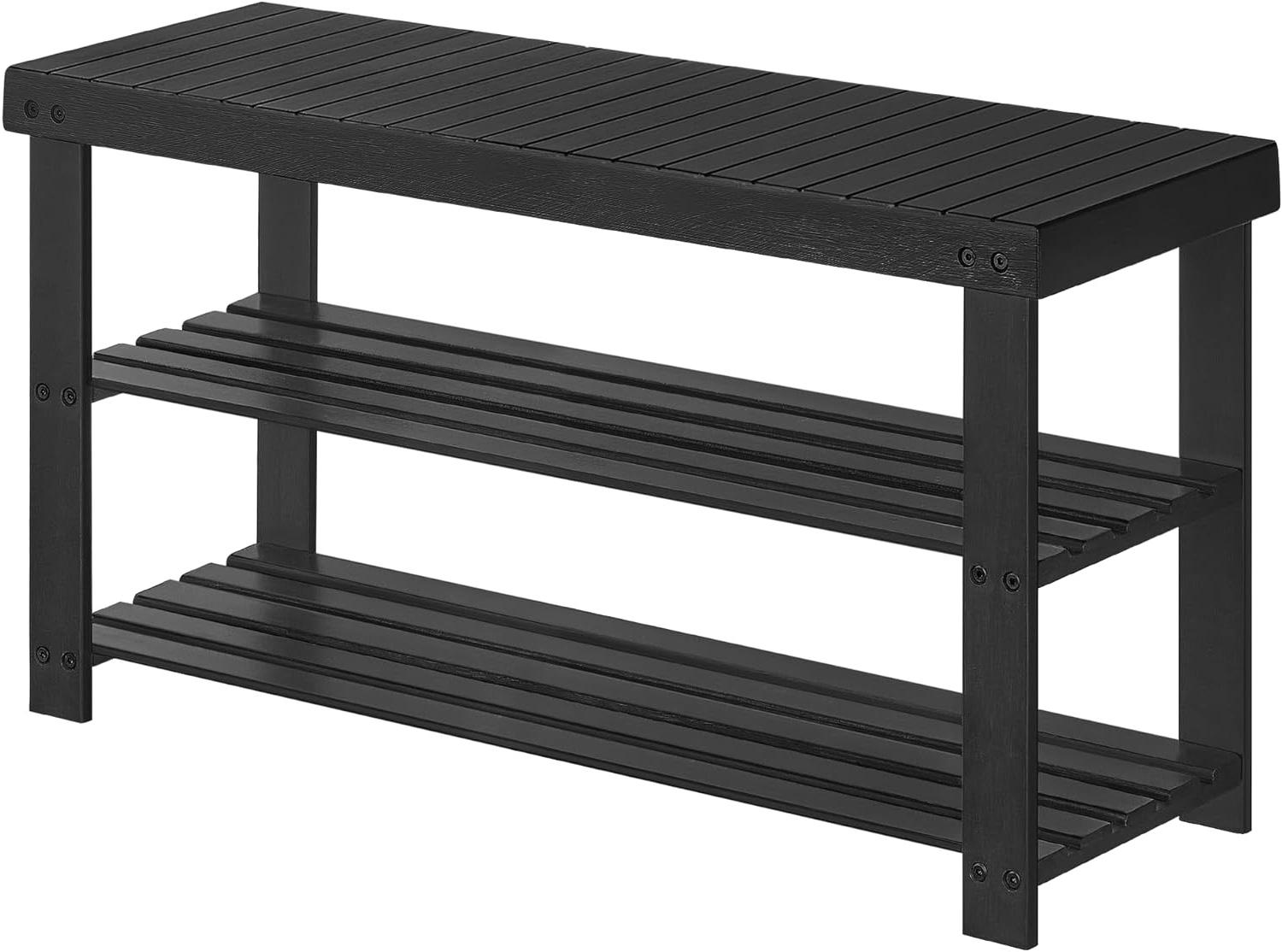 Bamboo Shoe Storage Bench with 2 Shelves - Black
