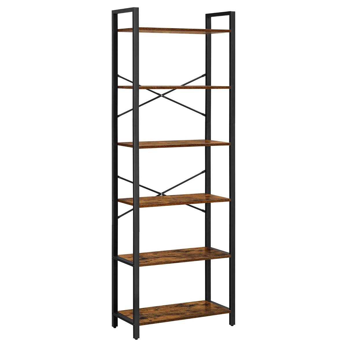 Tall 6-Tier Bookcase with Steel Frame - Rustic Brown
