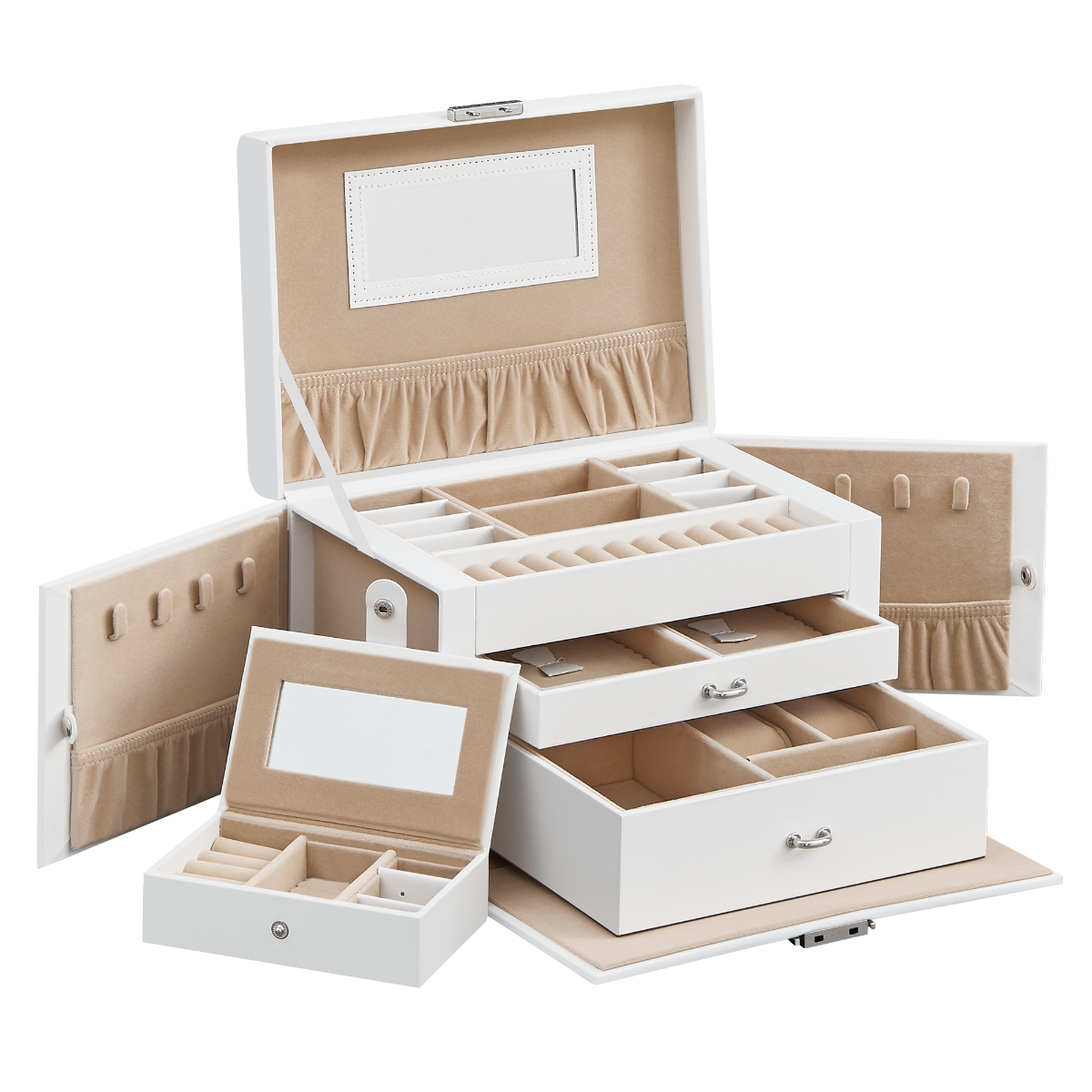 Jewellery Box with 2 Drawers and Mirrored Lid - Off-White